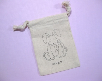 set of 10  baby shower muslin favor bags 3.5 inch by 5 inch - its's a girl favor bags - baby bunny - baby rabbit - gift bags