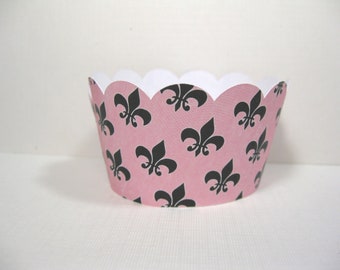 12 scalloped standard size cupcake wrappers - fleur de lis - pink and black - cupcake holder - baby shower -  cupcake wrappers - birthday