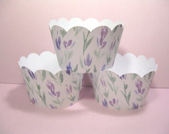 12 scalloped standard size cupcake wrappers - cupcake holder - bridal shower - baby shower - lavender floral - birthday - spring wedding