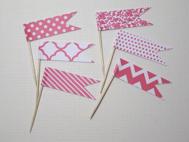 24 Flag Cupcake Toppers Food Picks Flag Picks Cupcake picks Food Decorations Hot Pink White Bridal Shower Wedding Baby Showers image 2