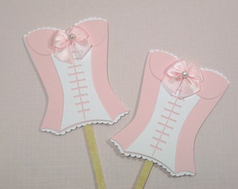 10 Pink White Corset Cupcake Toppers - Food Picks - Bridal Shower Favors - Lingerie Shower - Girls Night Out - Bachelorette Party