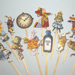 12 Alice in Wonderland Cupcake Toppers - Food Picks - Wedding Favors - Bridal Shower - Birthday - Tea Party - Mad Hatter - White Rabbit