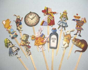 12 Alice in Wonderland Cupcake Toppers - Food Picks - Wedding Favors - Bridal Shower - Birthday - Tea Party - Mad Hatter - White Rabbit
