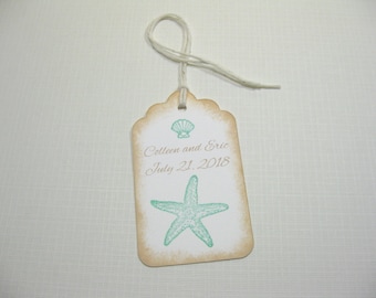 10 Wedding Favor  Personalized Tags  Sandy Beige Sea Green Beach Seashore Seashell Tags Destination Wedding Tropical Wedding  Bridal Shower