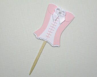 10 Pink White Corset Cupcake Toppers - Food Picks - Bridal Shower Favors - Lingerie Shower - Girls Night Out - Bachelorette Party