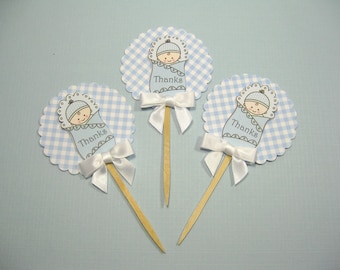 10 Blue White Cute Baby Cupcake Toppers - Food Picks -  Cupcake Picks - It's a Boy - Baby Shower Favors- Blue White Gingham