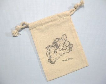 set of 10  baby shower muslin favor bags 3.5 inch by 5 inch - its's a boy favor bags - baby lamb - gift bags