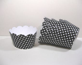 12 scalloped standard size cupcake wrappers - cupcake holder - Halloween - black white polka dot cupcake wrappers