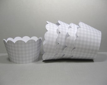 12 scalloped standard size cupcake wrappers - cupcake holder - baby shower - gingham light gray white cupcake wrappers - birthday