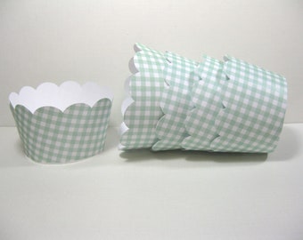 12 scalloped standard size cupcake wrappers - cupcake holder - baby shower - gingham mint green white cupcake wrappers - birthday