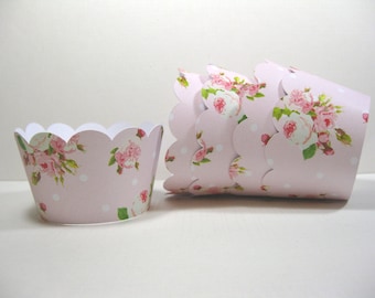 12 scalloped standard size cupcake wrappers - cupcake holder - bridal shower - baby shower - pink shabby chic cupcake wrappers - birthday