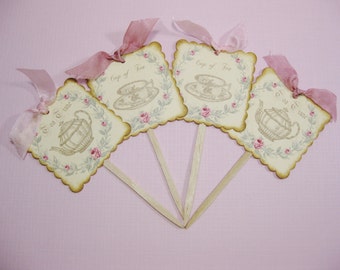 10 Tea Party Cupcake Toppers - Food Picks - Vintage - Favors - Pink Cream Green - Alice in Wonderland - Bridal Shower - Girl Birthday