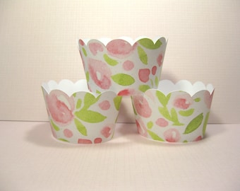 12 scalloped standard size cupcake wrappers - cupcake holder - bridal shower - baby shower - watercolor roses - birthday - spring wedding