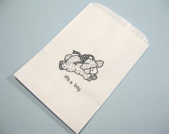 10 White Baby Lamb Favor Bags lined in wax - Candy Buffet Bags -  Baby Shower - Thank You - Favor Bags - It's a Boy