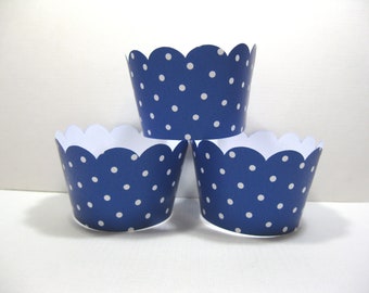 12 scalloped standard size cupcake wrappers - cupcake holder - polka dots - baby shower - royal blue cupcake wrappers - birthday