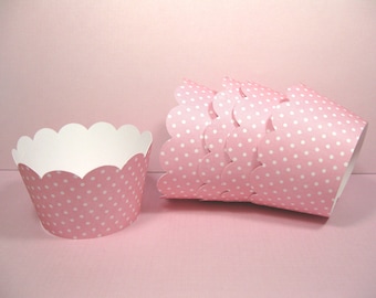 12 scalloped standard size cupcake wrappers - cupcake holder - girl baby shower - polka dot pink cupcake wrappers - girl birthday