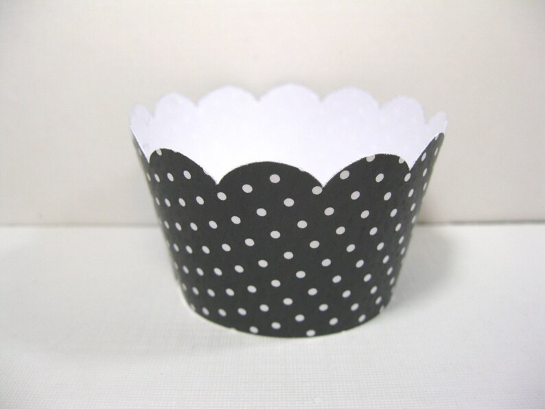 12 scalloped standard size cupcake wrappers cupcake holder Halloween black white polka dot cupcake wrappers image 2