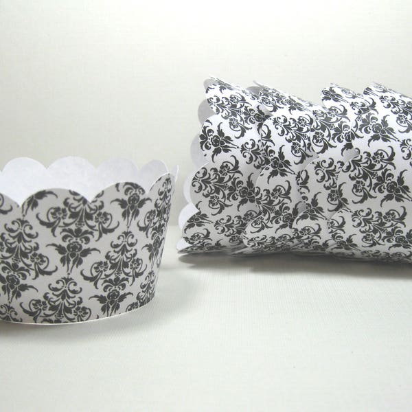 12 scalloped standard size cupcake wrappers - cupcake holder - baby shower - bridal shower - damask black white cupcake wrappers