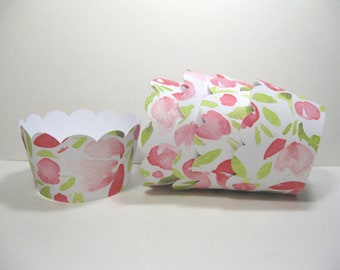 12 scalloped standard size cupcake wrappers - cupcake holder - bridal shower - baby shower - pink green floral cupcake wrappers - birthday