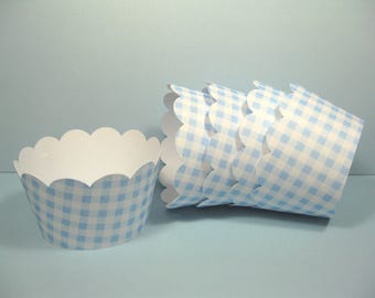 12 scalloped standard size cupcake wrappers - cupcake holder - boy baby shower - baby blue gingham cupcake wrappers - boy birthday