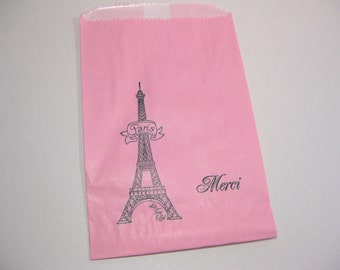 10 Pink Black Eiffel Tower Paper Favor Bags lined in wax - Candy Buffet Bags - Paris Wedding - Bridal Shower - Ooh la la Party - Birthday