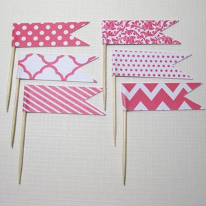 24 Flag Cupcake Toppers Food Picks Flag Picks Cupcake picks Food Decorations Hot Pink White Bridal Shower Wedding Baby Showers image 3