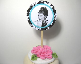 10 Cupcake Toppers - Breakfast at Tiff Shower - Audrey Hepburn - Black White Damask Wedding - Bridal Shower - Baby Shower - Pink Aqua