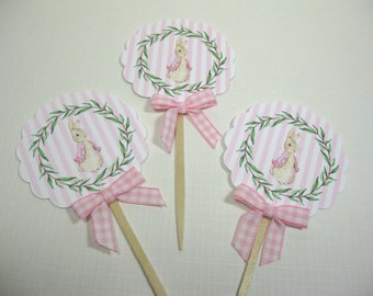 10 Pink White Cute Girl Rabbit Cupcake Toppers - Food Picks -  Cupcake Picks - It's a Boy - Baby Shower Favors- Pink White Stripes