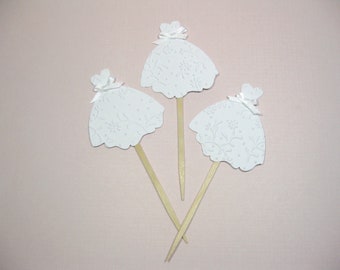 10 White Wedding Dress Cupcake Toppers - Food Picks - Bridal Shower Favors - Bachelorette Party - Wedding