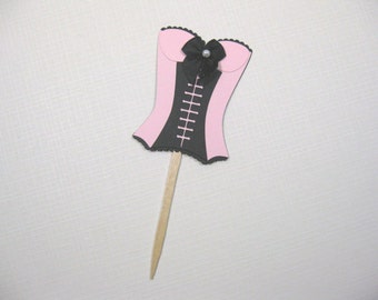 10 Pink Black Corset Cupcake Toppers - Food Picks - Bridal Shower Favors - Lingerie Shower - Girls Night Out - Bachelorette Party