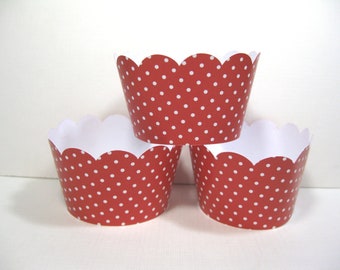 12 scalloped standard size cupcake wrappers - cupcake holder - polka dots - baby shower - red and white cupcake wrappers - birthday