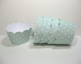 12 scalloped standard size cupcake wrappers - cupcake holder - polka dots - baby shower - mint green and white cupcake wrappers - birthday