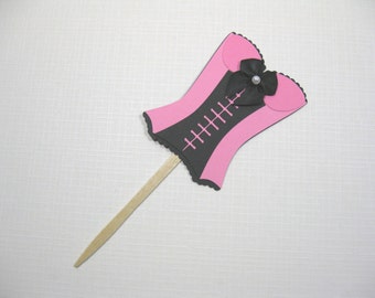 10 Hot Pink Black Corset Cupcake Toppers - Food Picks - Bridal Shower Favors - Lingerie Shower - Girls Night Out - Bachelorette Party