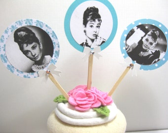 Set of 10 Audrey Hepburn Breakfast at Tiff Cupcake Toppers -  Aqua Blue Bridal Shower - Food Picks - Cupcake Picks