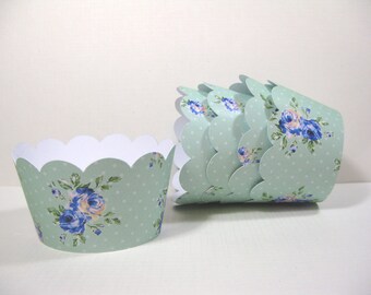 12 scalloped standard size cupcake wrappers - cupcake holder - girl baby shower - mint green blue cupcake wrappers - girl birthday