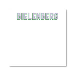 May include: A white notepad with the name "BIELENBERG" printed in green and purple block letters. The letters have a shadow effect, adding depth to the design. The notepad is rectangular and sits on a white background.