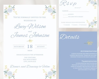 Blue Flower Wedding Invitation Template Suite Canva Blue Floral Wedding Invitation Invite
