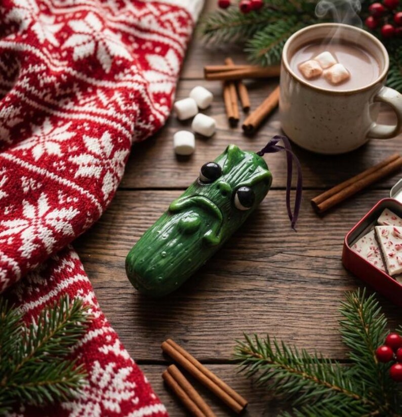 K&ouml;nnte beinhalten: Ein gr&uuml;nes, texturiertes Gew&uuml;rzgurken-Ornament mit m&uuml;rrischem Gesichtsausdruck, gro&szlig;en schwarzen Augen und einem kleinen violetten Aufh&auml;ngeband. Die Gurke liegt auf einer Holzoberfl&auml;che neben einer rot-wei&szlig;en Decke, Zimtstangen, Marshmallows und einer Tasse.