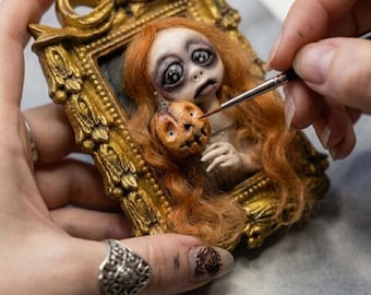 OOAK Art Doll Framed, Creepy Cute Goth Wall Decor, Polymer Clay Gothic Sculpture Ornament, Oddities and Curiosities Gallery Wall Art