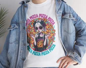 Skull Girl Eating Pizza T-Shirt Groovy | Retro Neon Pizza Graphic Tee