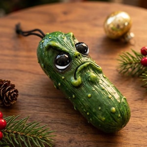 K&ouml;nnte beinhalten: Ein gr&uuml;nes, texturiertes Gew&uuml;rzgurken-Ornament mit m&uuml;rrischem Gesichtsausdruck, gro&szlig;en, gl&auml;nzenden schwarzen Augen und einem herabgezogenen Mund. Die Oberfl&auml;che ist uneben mit kleinen gelb-gr&uuml;nen Punkten und einer schwarzen Aufh&auml;ngeschnur.