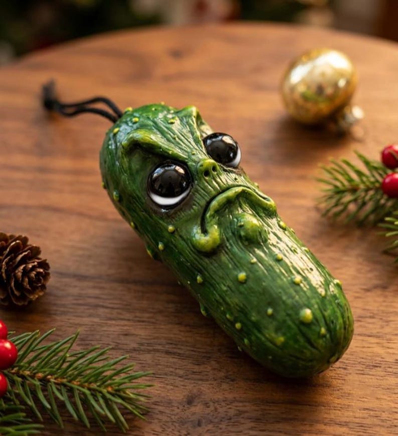 K&ouml;nnte beinhalten: Ein gr&uuml;nes, texturiertes Gew&uuml;rzgurken-Ornament mit m&uuml;rrischem Gesichtsausdruck, gro&szlig;en, gl&auml;nzenden schwarzen Augen und einem herabgezogenen Mund. Die Oberfl&auml;che ist uneben mit kleinen gelb-gr&uuml;nen Punkten und einer schwarzen Aufh&auml;ngeschnur.