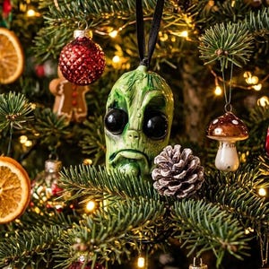 K&ouml;nnte beinhalten: Ein gr&uuml;ner, au&szlig;erirdisch geformter Weihnachtsbaumanh&auml;nger mit gro&szlig;en schwarzen Augen und einem herabh&auml;ngenden Mund, aufgeh&auml;ngt an einem schwarzen Band. Das Ornament hat eine texturierte, verwitterte Oberfl&auml;che und h&auml;ngt zwischen Tannenzweigen.