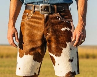Oryginalne, ręcznie robione, męskie, skórzane szorty w stylu western z krowią skórą i włosiem