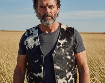 Men's western style cowhide leather Vest real hair on pony skin  handmade