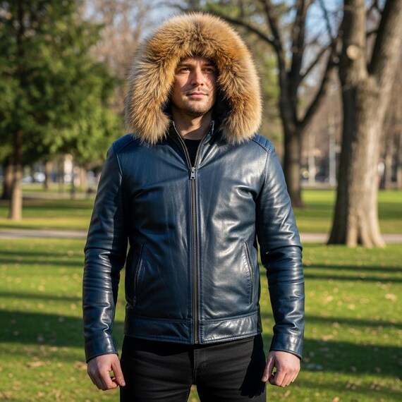Men 100% Real Fox Fur Collar Sheepskin Leather Fur Lined Coat Jacket Outwear