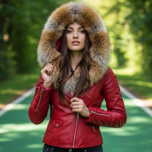 Lederjacke für Frauen Echt Fuchs Pelz lederjacken damen, Luxury Red damen