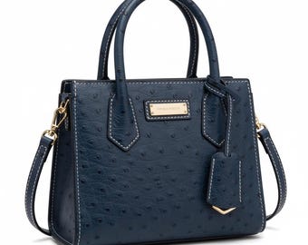 Ostrich Leather Tote Bag  Luxury Designer Handbag  Genuine Ostrich Top Handle Handbag-Blue