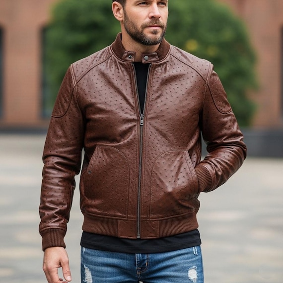 Handmade Ostrich Men’s Luxury Outerwear – Exotic , Biker Leather jacket Men , Lederjacken Herren