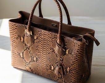 Torebka ze skóry węża, brązowo-czarna, torba typu tote z pytona